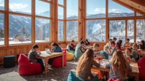 Children learn in an informal environment in Bansko with a view of the Pirin Mountains.