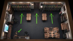 Interior design of a ski wardrobe - movement and zoning scheme