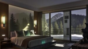 Уютна хотелска стая в Банско с локално стенно осветление и осезаема липса на таванска лампа.