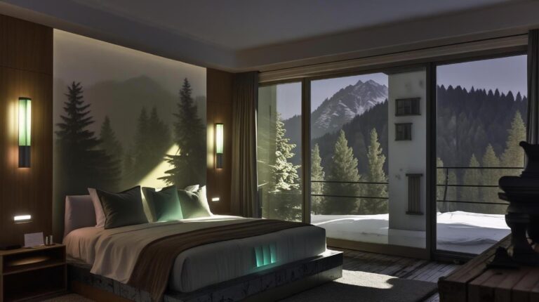 Уютна хотелска стая в Банско с локално стенно осветление и осезаема липса на таванска лампа.