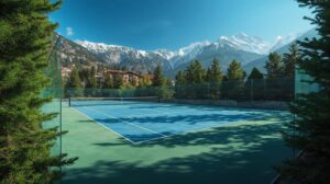 Modern outdoor padel court with a view of the Pirin Mountains in Bansko