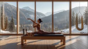 A woman trains on a Pilates reformer in a modern studio in Bansko with a view of the Pirin Mountains in winter.