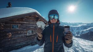 A skier holds a 10 euro banknote and a phone in front of a hut in Bansko, illustrating the payment methods in Bansko.