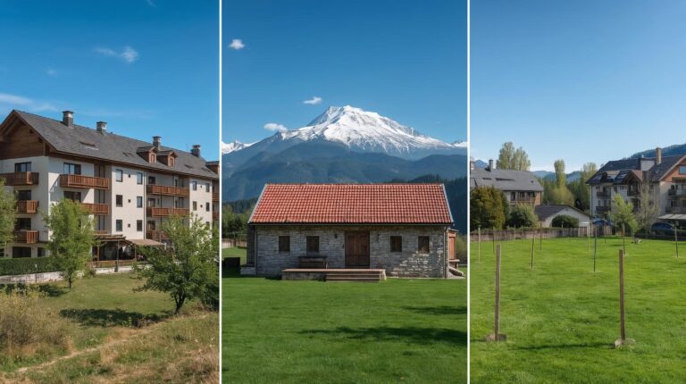 Types of properties for sale in Bansko - apartment, house and plot of land against the backdrop of the Pirin Mountains.