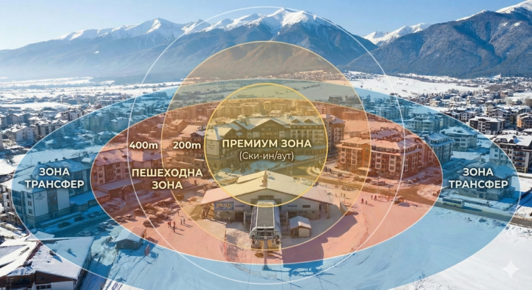 Map of the areas in Bansko relative to the starting station of the gondola lift and property prices.
