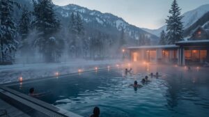 Outdoor heated pool in a winter hotel in Bansko with steam and snow all around.