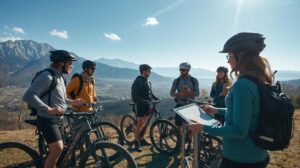 A group of tourists with mountain bikes on an organized cycling tour in Bansko