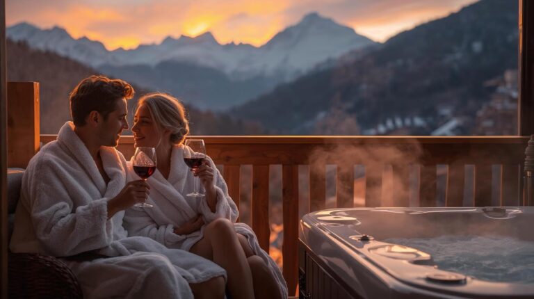 A couple drinks wine on a balcony at a romantic hotel in Bansko overlooking the Pirin Mountains.