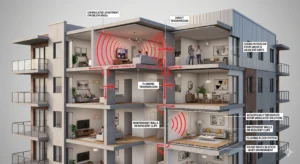 Схема звукоизоляции и передачи бокового шума в многоквартирном доме в Банско.