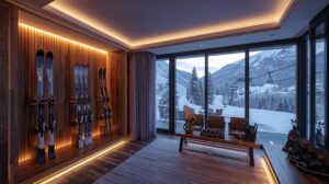 Luxury ski wardrobe in a hotel in Bansko with a mountain view