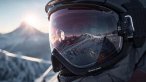 A man with prescription ski goggles on the slope in Bansko