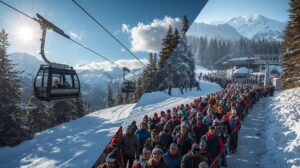 Queue at the starting station of the Bansko gondola lift against a project for a second lift and ski tourism in Pirin.