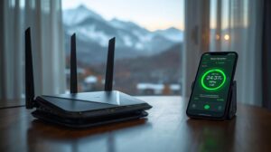 Модерен Wi-Fi 6 рутер и смартфон със спийдтест на фона на планината в Банско.