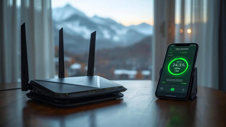 Модерен Wi-Fi 6 рутер и смартфон със спийдтест на фона на планината в Банско.