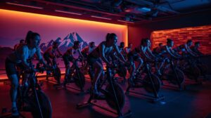 Group spinning training in a modern fitness center in Bansko