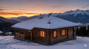 Starlink antenna mounted on the roof of a chalet in Bansko in winter with snow