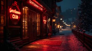 Striptease bars in Bansko - exterior of a nightclub in the snow.