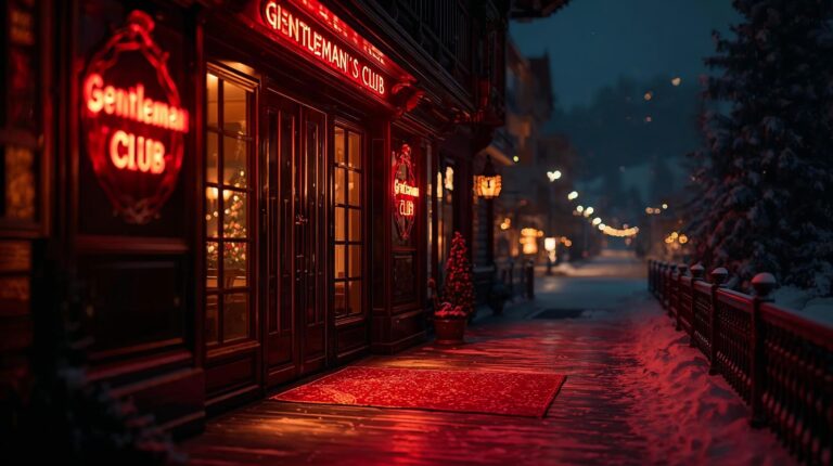 Striptease bars in Bansko - exterior of a nightclub in the snow.