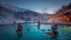 Outdoor heated pool in Bansko in winter with the Pirin Mountains in the background