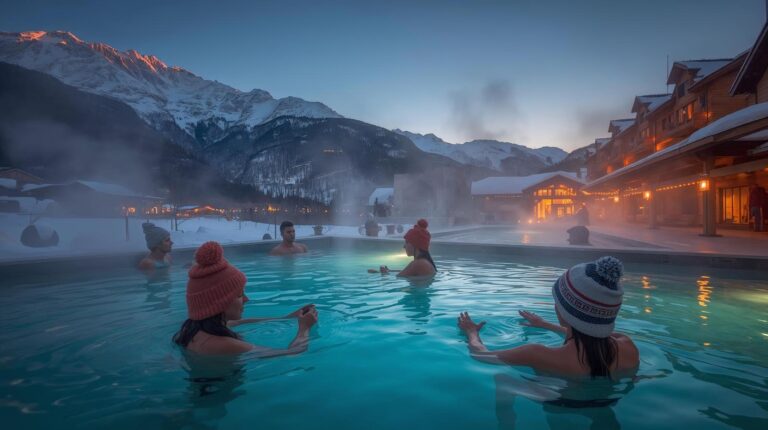 Outdoor heated pool in Bansko in winter with the Pirin Mountains in the background