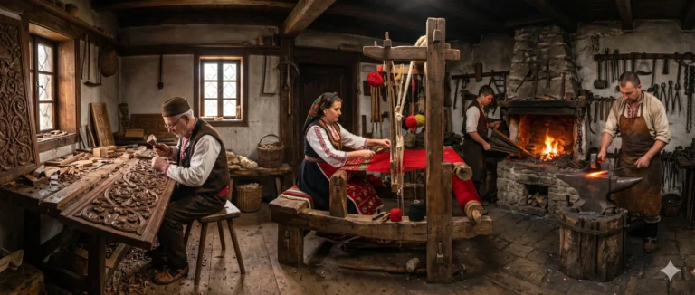 Традиционни занаяти в Банско - дърворезба, тъкачество и ковачество в стара къща.