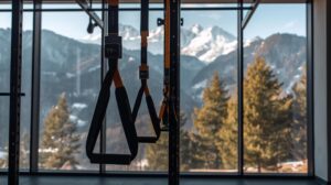 TRX belts in a modern gym in Bansko with a view of the Pirin Mountains.