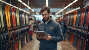 Interior of a modern ski locker room in Bansko with a manager doing a financial analysis.
