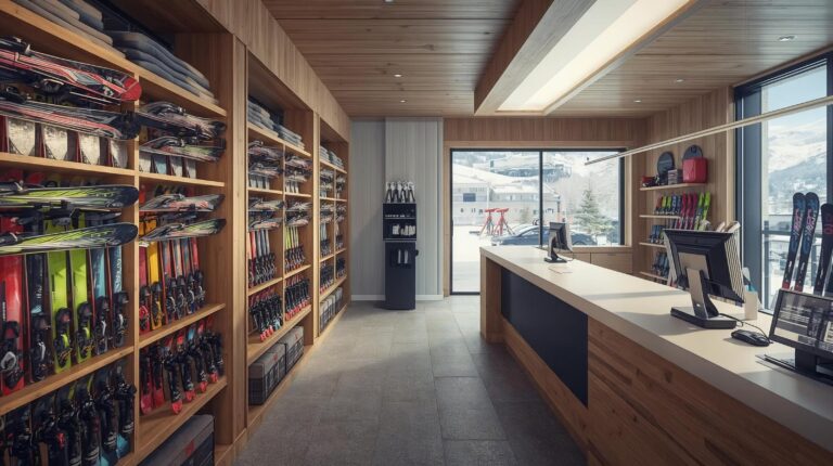 Modern interior of a ski locker with ski and snowboard equipment arranged