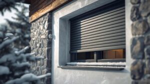 Aluminum exterior roller blinds on an apartment in Bansko in winter.