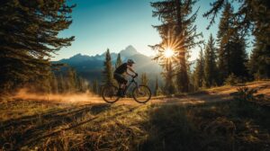 : Cyclist on a mountain bike route in Bansko with a view of Pirin.