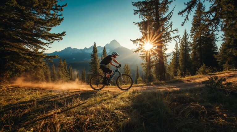 : Cyclist on a mountain bike route in Bansko with a view of Pirin.