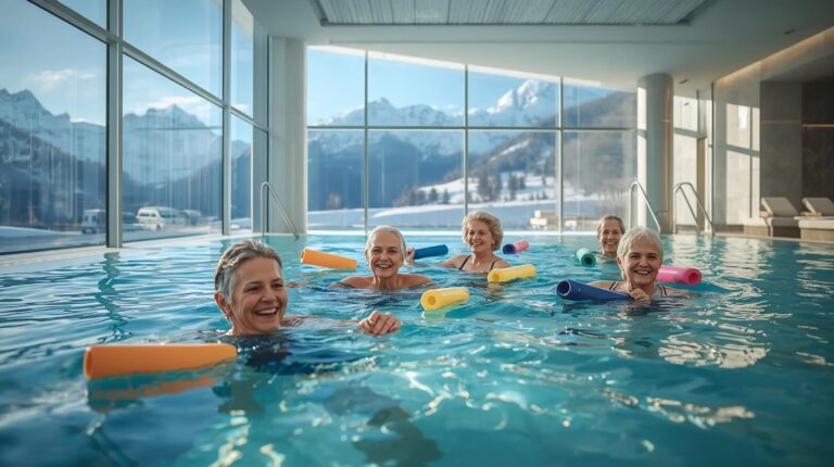 A group of elderly people practice gentle water aerobics with colorful pasta in a modern indoor pool in Bansko.