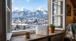 Роутер Yettel 5G для домашнего интернета в квартире в Банско с видом на город.