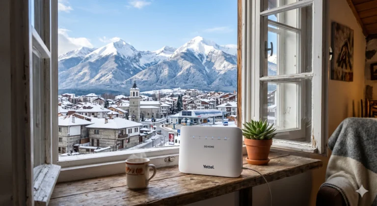Роутер Yettel 5G для домашнего интернета в квартире в Банско с видом на город.