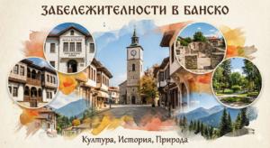 Art collage of top landmarks in Bansko: Clock Tower, Nikola Vaptsarov Museum, old Bulgarian National Revival houses, archaeological excavations and Pirin Mountain.
