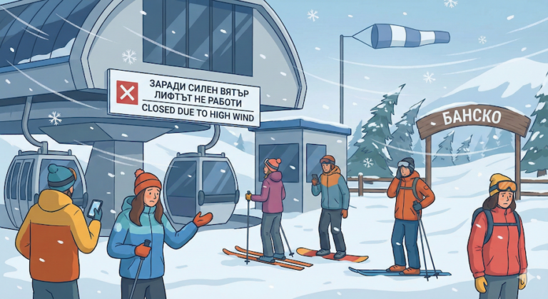 A group of skiers in Bansko read the information board about closed lifts due to strong winds.