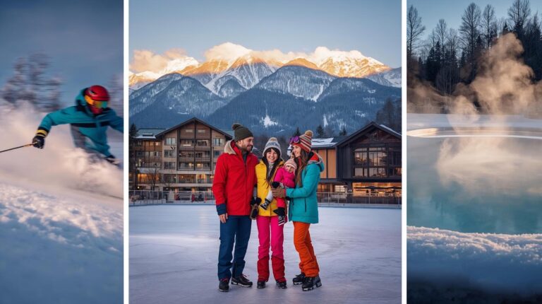 A family on a winter vacation in Bansko in front of the snow-capped peaks of Pirin Mountain with a collage of skiing and SPA activities.