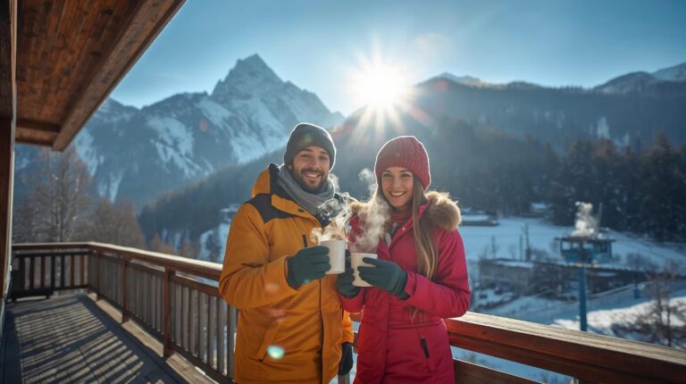 A couple of tourists drinking tea at Banderishka Polyana in Bansko with a view of Pirin Mountain without ski equipment