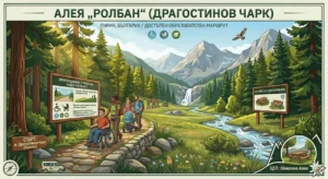Retro-style illustration of the accessible eco-trail "Rolban" (Dragostinov Chark) in Pirin. A mother pushes a man in a wheelchair and a father pushes a baby stroller along a path by a river. In the background are mountains, a waterfall, and information signs.