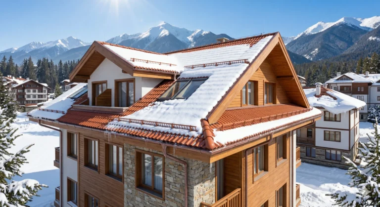 Aerial view of a mountain residential complex with wood siding, red roofs, and dormer windows, set against majestic snow-capped mountain peaks under a blue sky in winter.