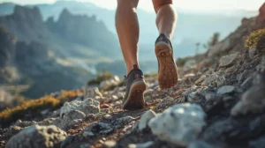 Турист с barefoot обувки на скалиста пътека в Пирин планина близо до Банско.