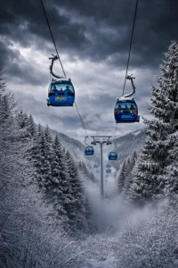 Кабинка на лифта в Банско на фона на бурни облаци и силен вятър в планината