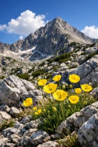 Жълт пирински мак сред скалите на Национален парк Пирин – символ на местното биоразнообразие.