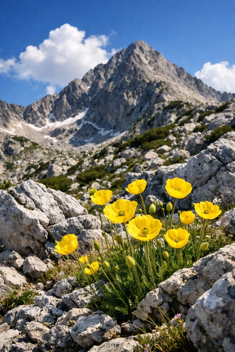 Жълт пирински мак сред скалите на Национален парк Пирин – символ на местното биоразнообразие.