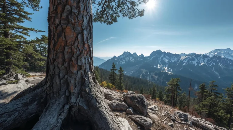 Вековна черна мура на фона на скалистите върхове в Национален парк Пирин