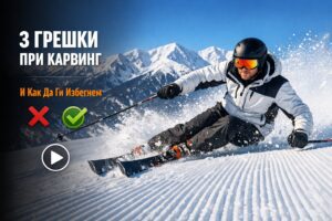 Лыжник демонстрирует правильную осанку без вращения тела во время карвингового поворота в Банско.