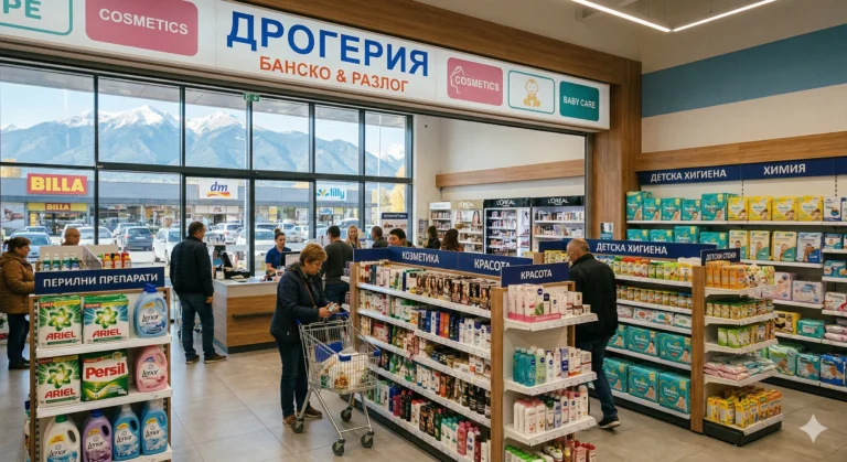 Interior of a modern drugstore in Retail Park Razlog with a view of the Pirin Mountains, offering cosmetics, Ariel and Persil detergents, and baby products.