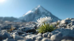 Цъфнал еделвайс сред мраморните скали в подножието на връх Вихрен в Пирин.