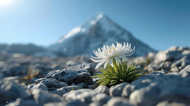 Цъфнал еделвайс сред мраморните скали в подножието на връх Вихрен в Пирин.