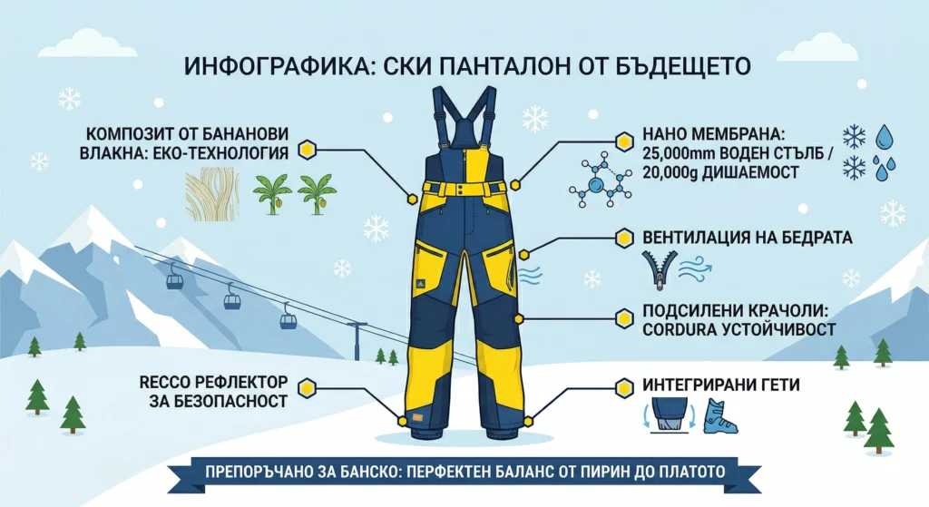 Подробна инфографика на синьо-жълти ски панталони тип гащеризон на планински фон със ски лифт. Показани са ключови технологии: еко-материал от бананови влакна, нано мембрана (25,000mm воден стълб/20,000g дишаемост), вентилация на бедрата, подсилени крачоли с Cordura, гети и RECCO рефлектор. В банер долу се препоръчва за Банско.